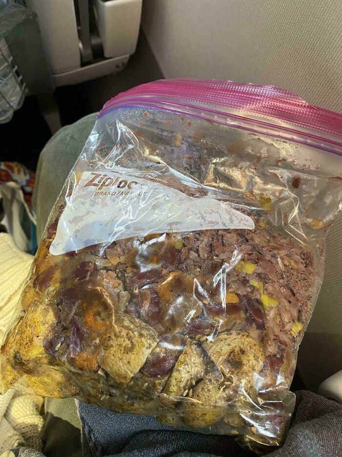 A Ziploc bag filled with a mix of brown, yellow, and red vegan food, appearing unappetizing.