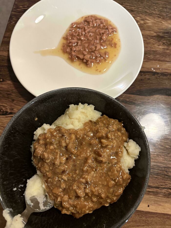 A bowl of mashed potatoes topped with a brown, lumpy vegan food mixture, next to a plate with more of the same, deserving public shaming.