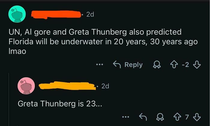 Screenshot of a user busted for lying about Greta Thunberg's age and climate predictions.