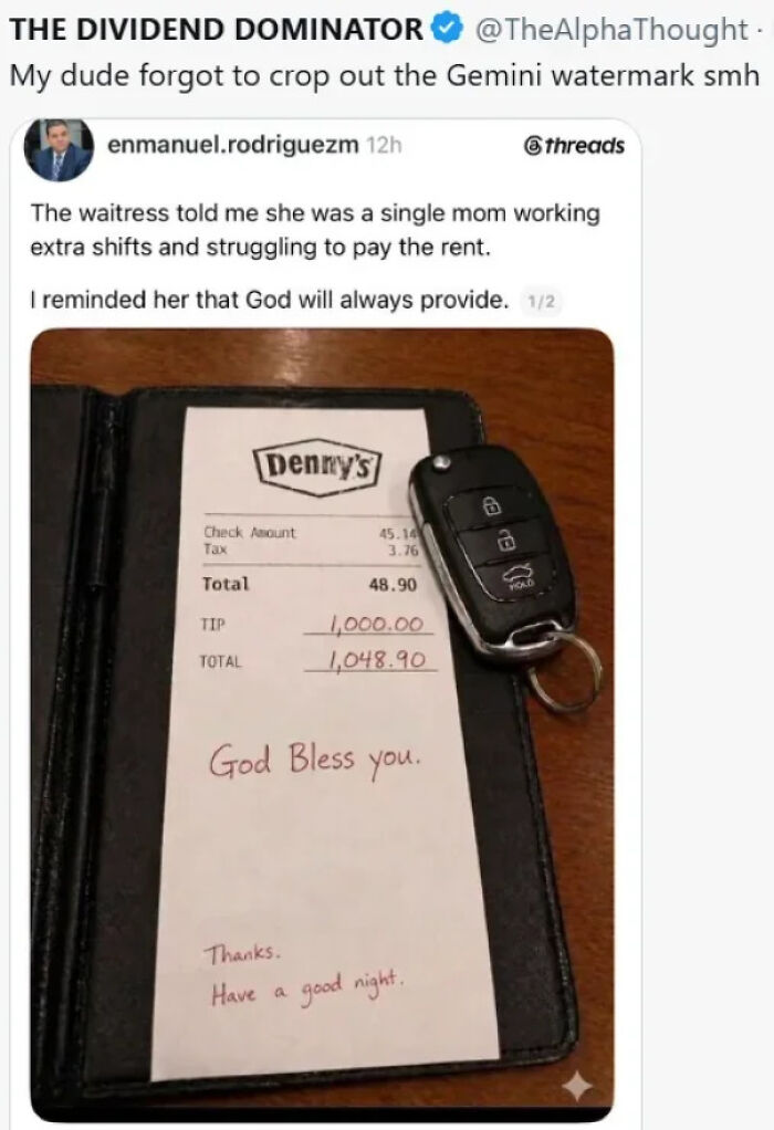 A screenshot of someone busted for lying, showing a Denny's receipt with a $1000 tip and a car key next to it.