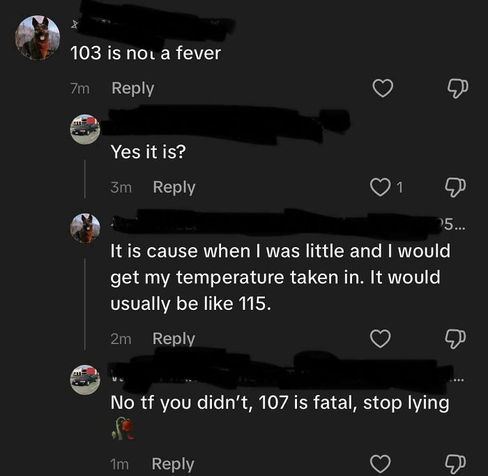 A screenshot showing someone busted for lying about having a temperature of 115 degrees as a child.