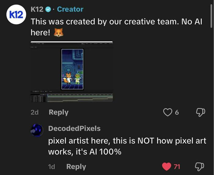 An image of a user busted for lying about AI not being used in their pixel art creation.