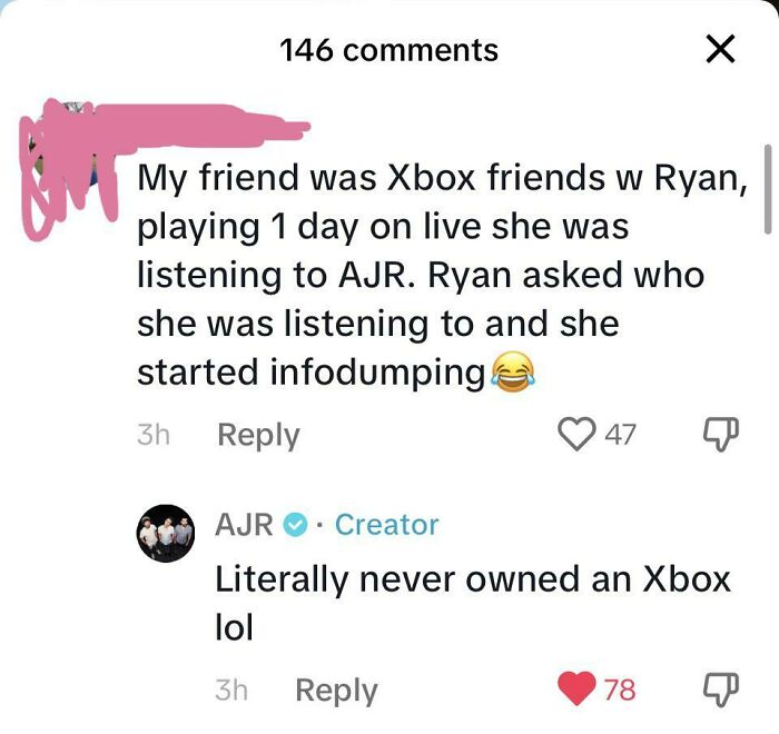 A screenshot of someone busted for lying about being Xbox friends with an artist, who denies ever owning an Xbox.