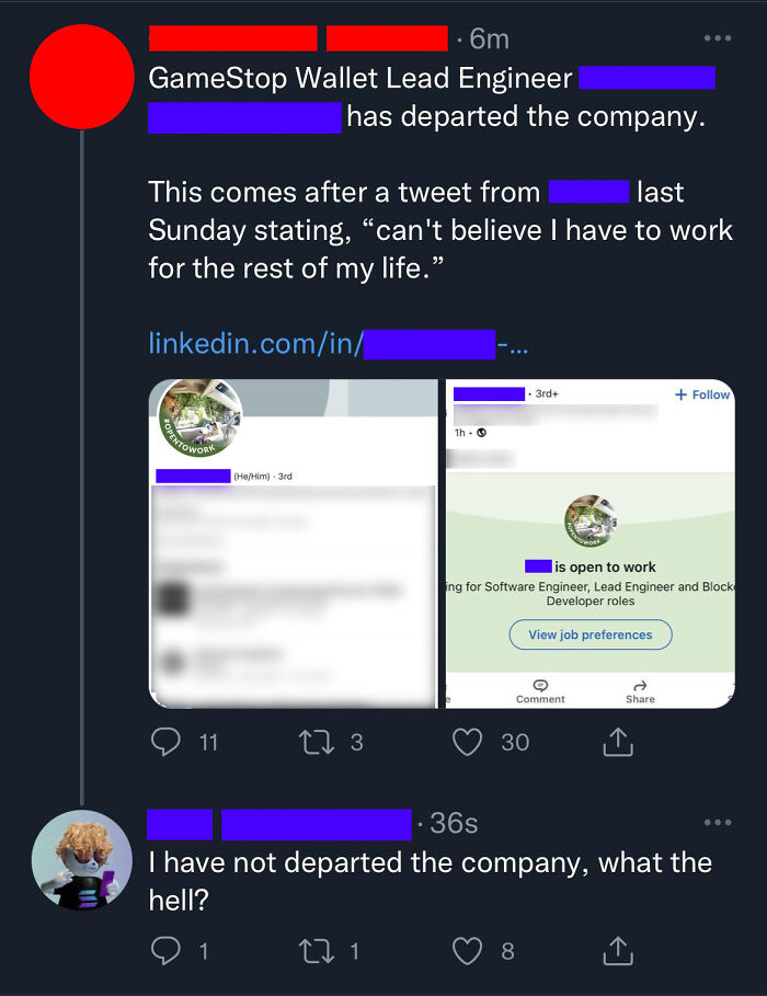 Screenshot of a person busted for lying about departing a company, refuted by the employee's own comment.