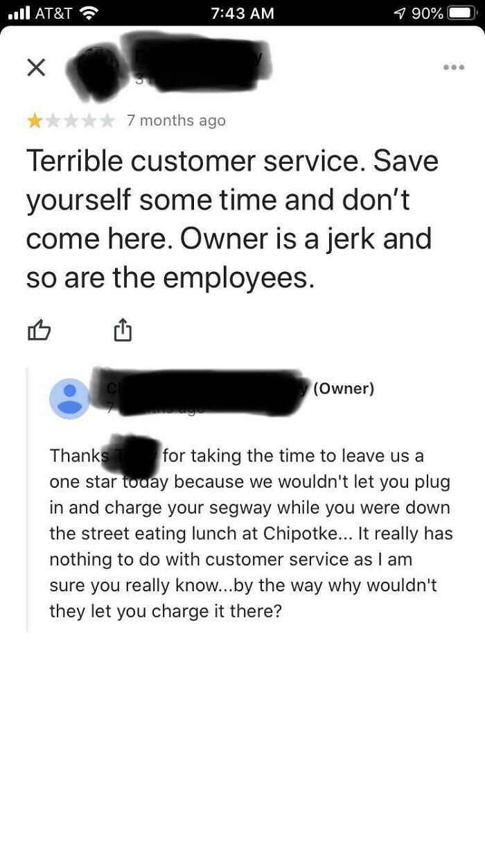 A screenshot showing a customer busted for lying about terrible service, revealing they were denied charging a Segway.