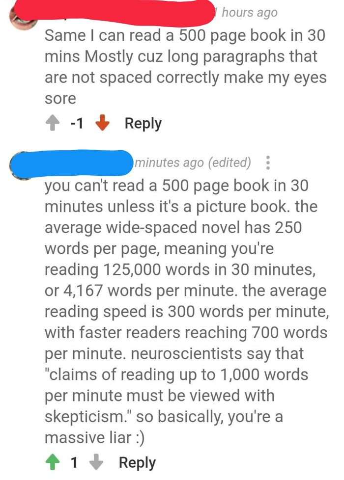 A screenshot showing someone busted for lying about reading a 500-page book in 30 minutes, with a detailed debunk.