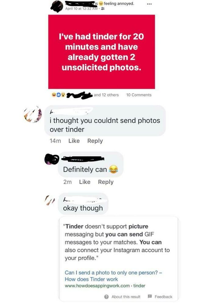 A screenshot showing a social media user busted for lying about receiving unsolicited photos on Tinder in an embarrassing screenshot.