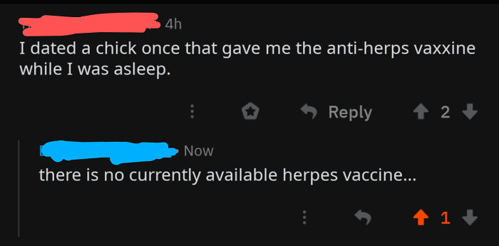 A screenshot showing a Reddit user busted for lying about receiving an anti-herpes vaccine while asleep in an embarrassing screenshot.