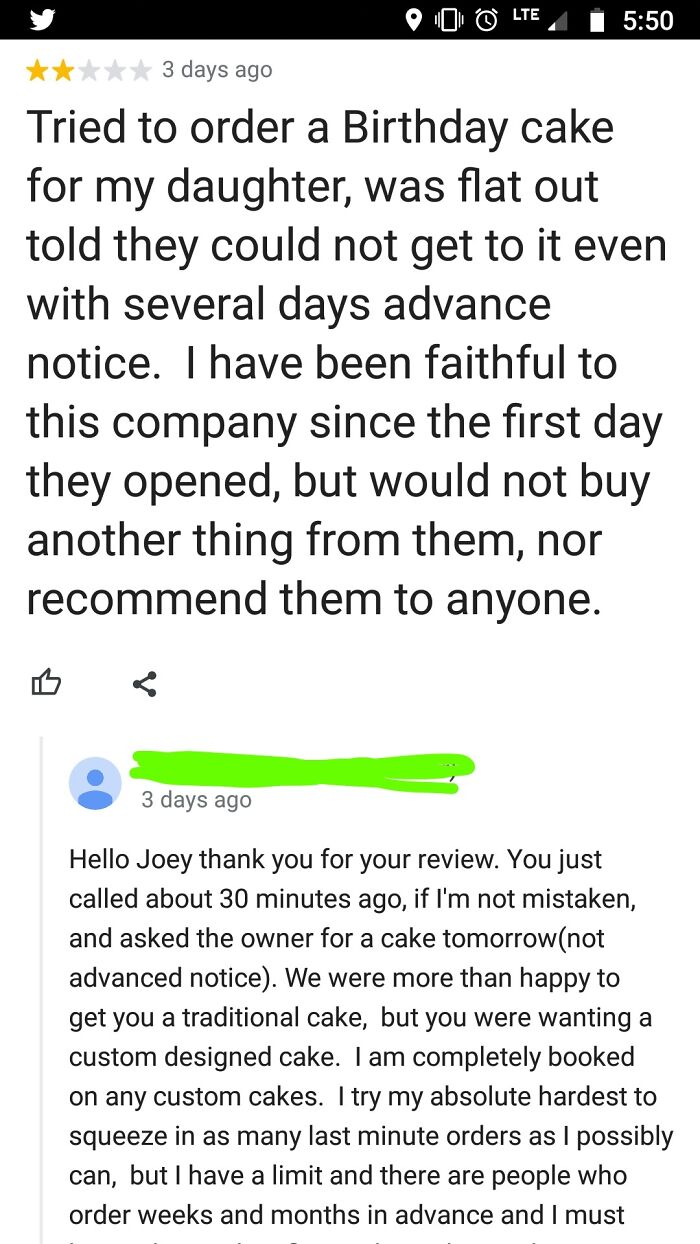 A screenshot showing a bakery owner busting a customer for lying about ordering a birthday cake in an embarrassing screenshot.