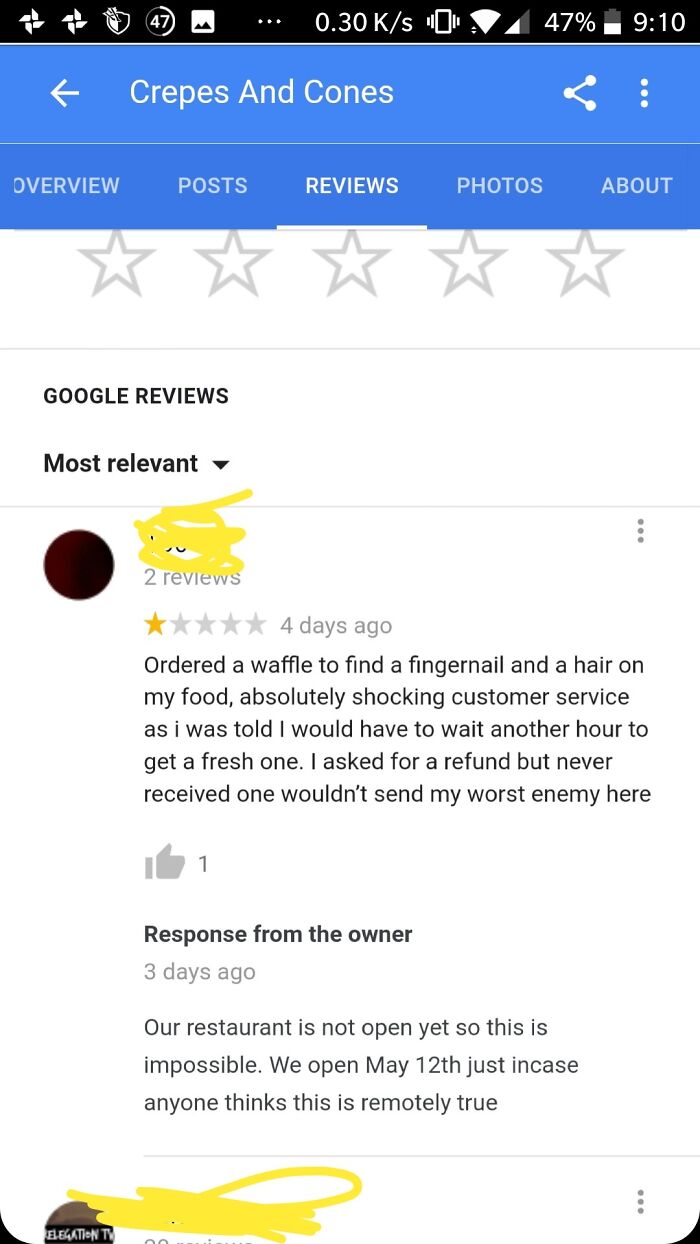 A Google review for Crepes And Cones where a customer is busted for lying about their experience.