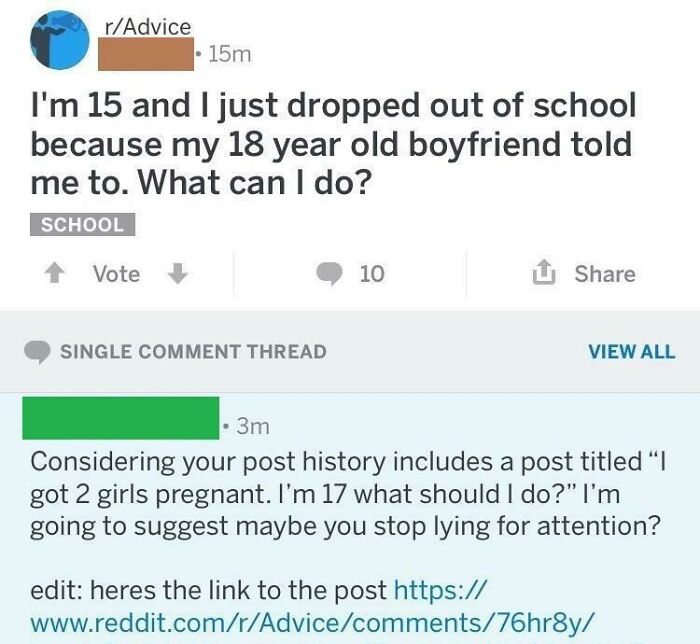 A screenshot showing a Reddit user busted for lying about dropping out of school in an embarrassing screenshot.