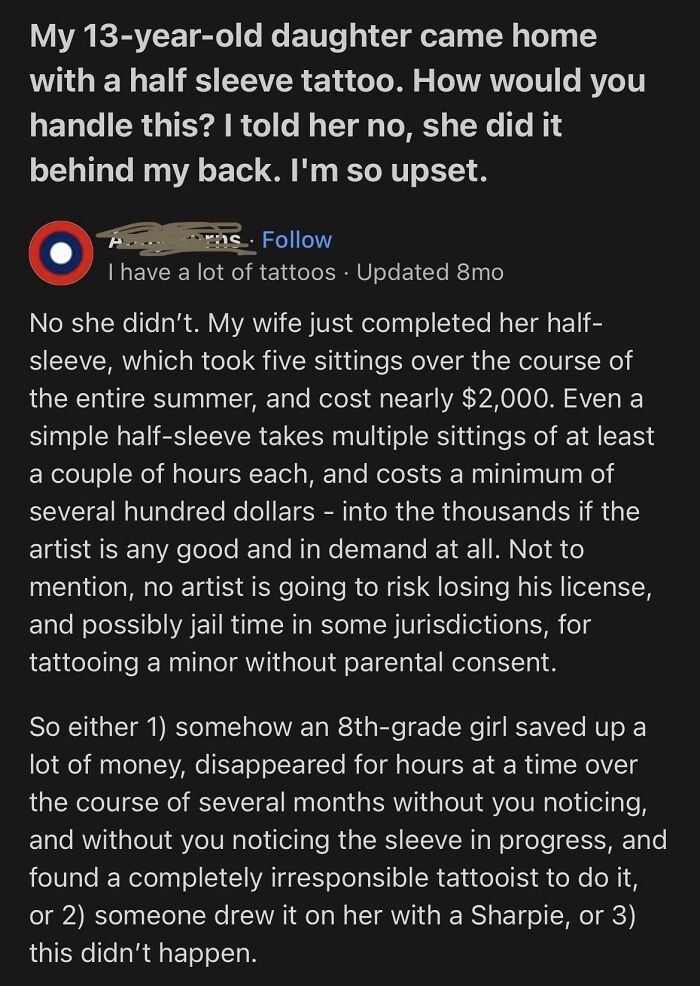 A parent caught in an embarrassing lie about their daughter getting a half-sleeve tattoo.