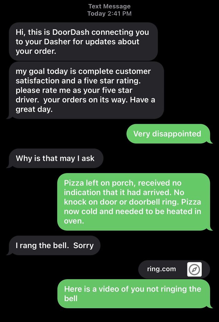 A DoorDash driver busted for lying about ringing the doorbell, caught in an embarrassing screenshot.