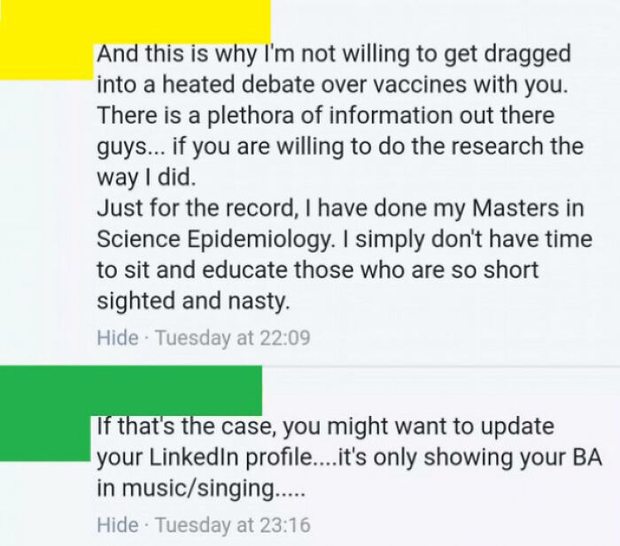 Hilariously embarrassing screenshots capture a person busted for lying about their educational background during a vaccine debate.