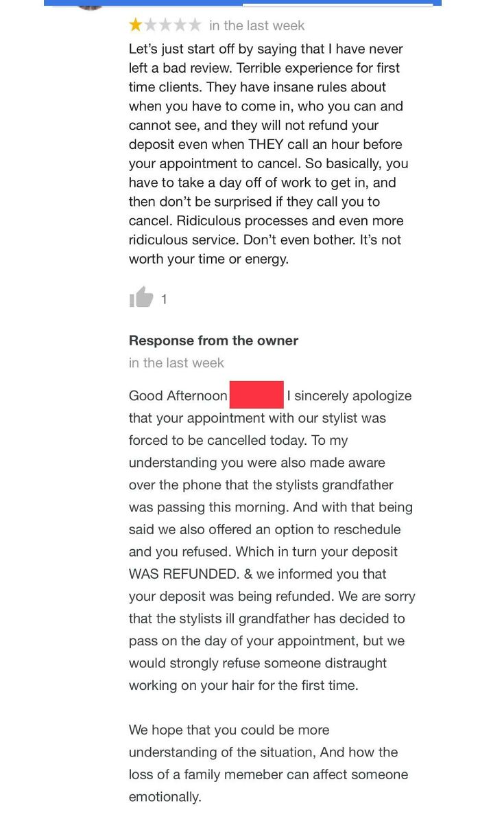 Hilariously embarrassing screenshots depict a review where a client is busted for lying about a cancelled appointment and refund.