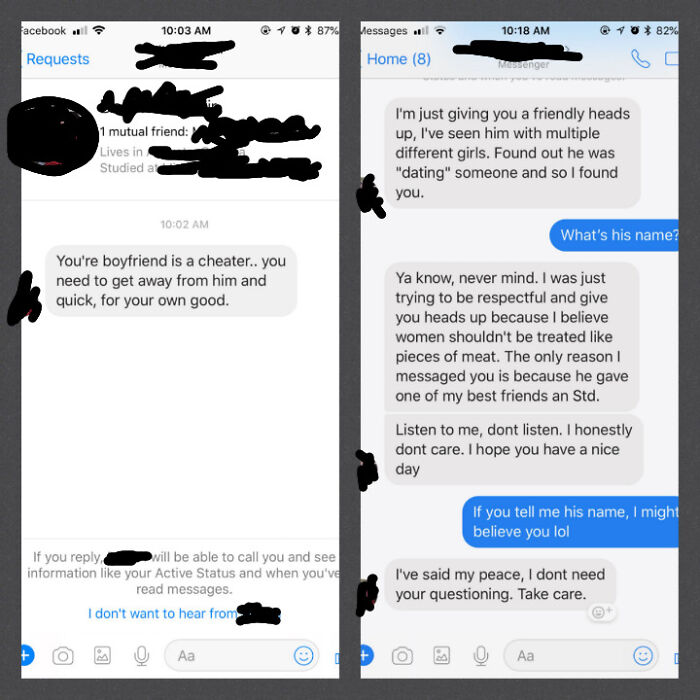 Hilariously embarrassing screenshots show a person getting busted for lying about a boyfriend's cheating and an STD.