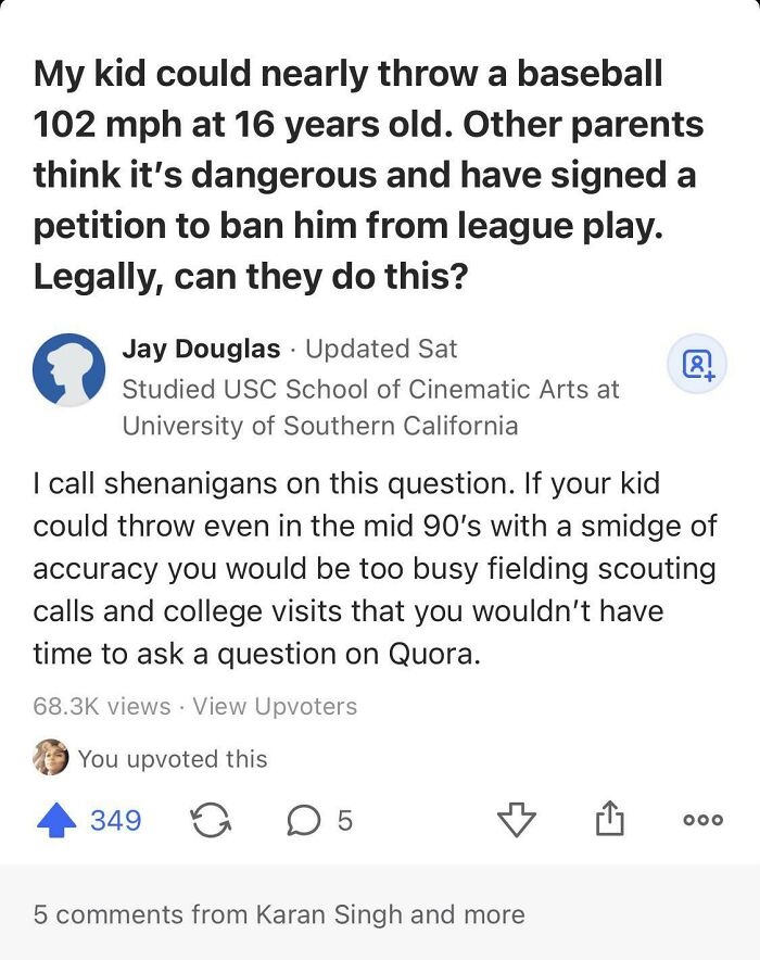 A hilariously embarrassing screenshot of a Quora question and answer debunking a parent's claim about their kid's baseball pitch.