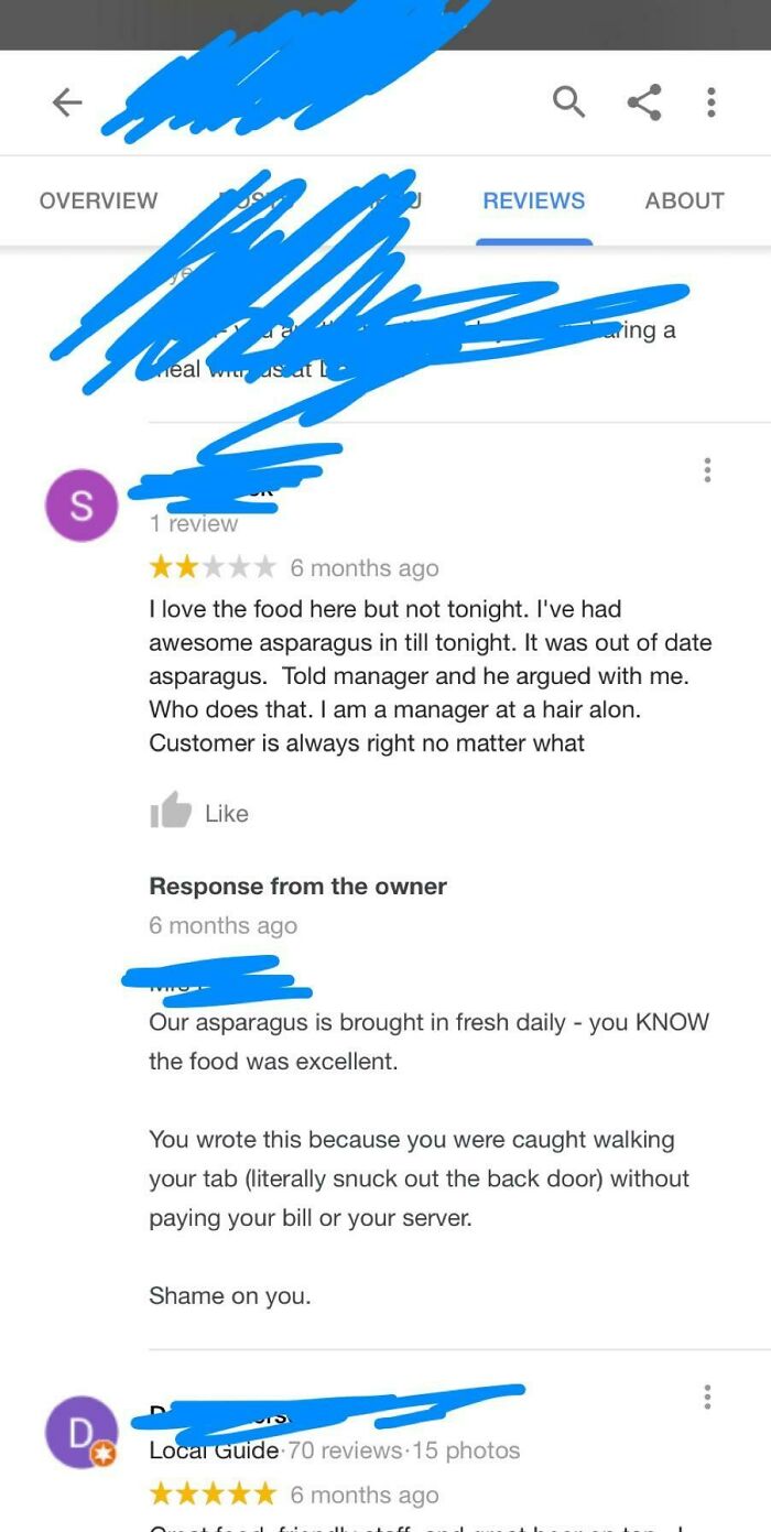 A hilariously embarrassing screenshot of a customer review and owner response about a customer caught lying and sneaking out.