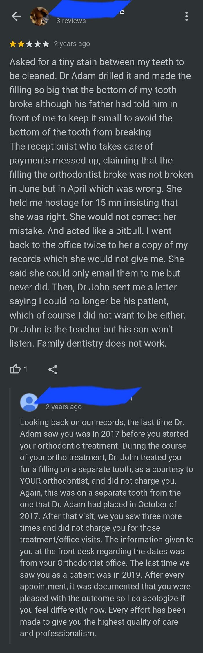 Hilariously embarrassing screenshots show a person reviewing a dental office, getting busted for lying about their visit.