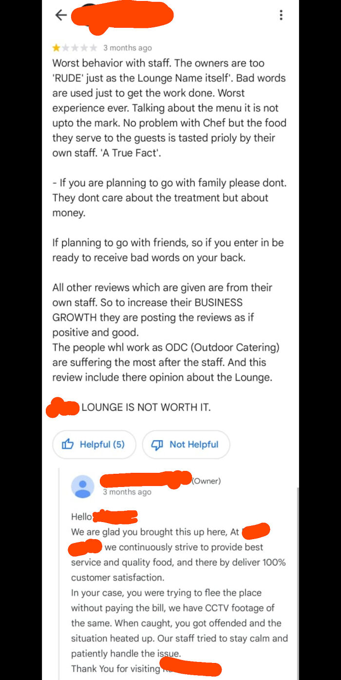 Hilariously embarrassing screenshots reveal a review of a lounge, where the owner busted the reviewer for lying about fleeing without paying.