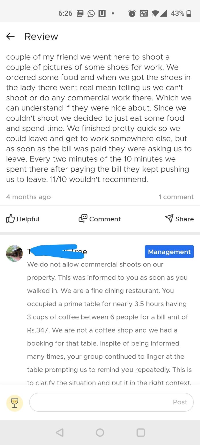 A hilariously embarrassing screenshot of a customer review and management response about a photo shoot at a restaurant.