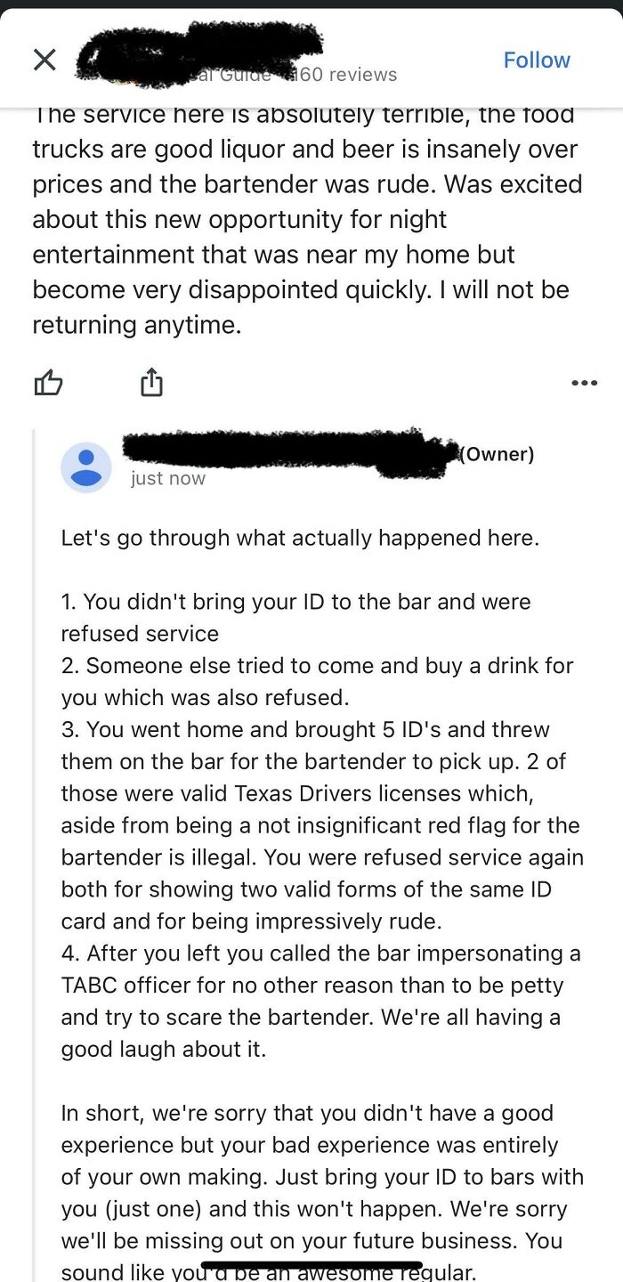 A hilariously embarrassing screenshot of a customer review and owner response about being refused service at a bar.