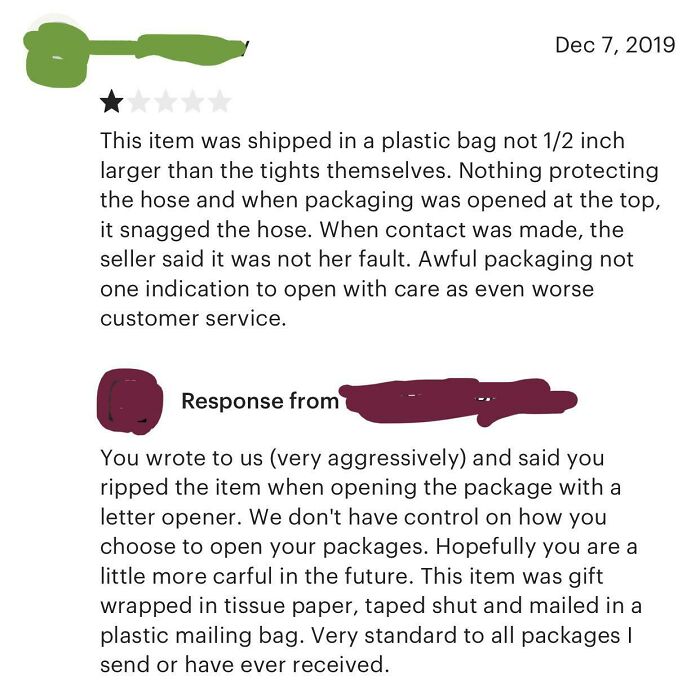 A hilariously embarrassing screenshot of a customer review and seller response about poorly packaged tights.