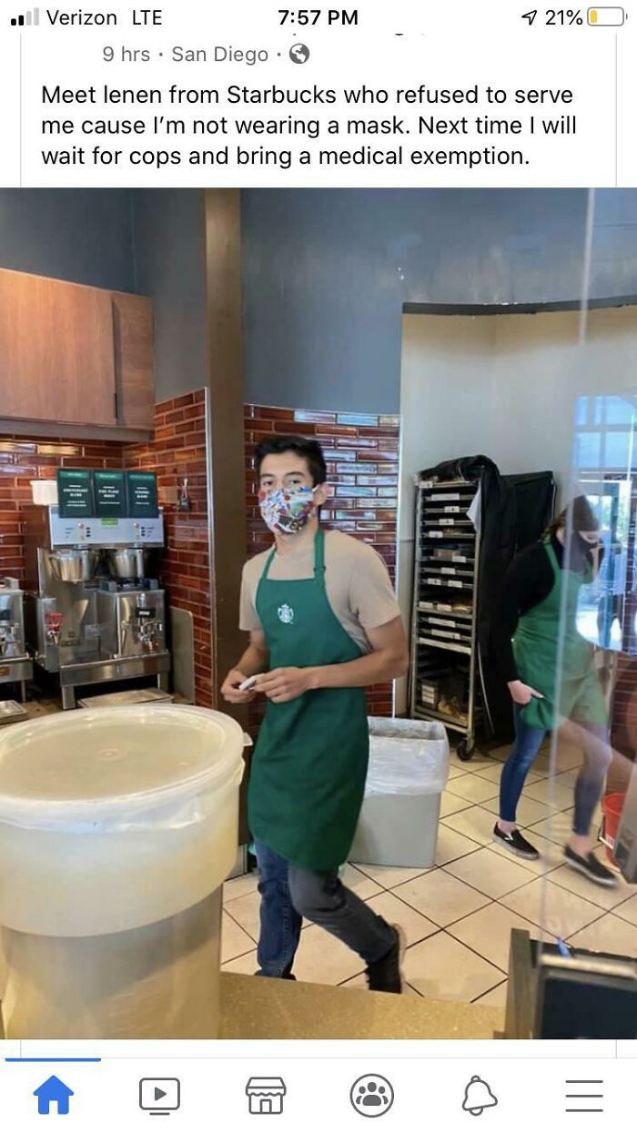 A social media post with a photo of a Starbucks employee, named Lenen, wearing a mask behind the counter, while a customer took entitlement to an unbelievable level and earned themselves a Karen reputation.