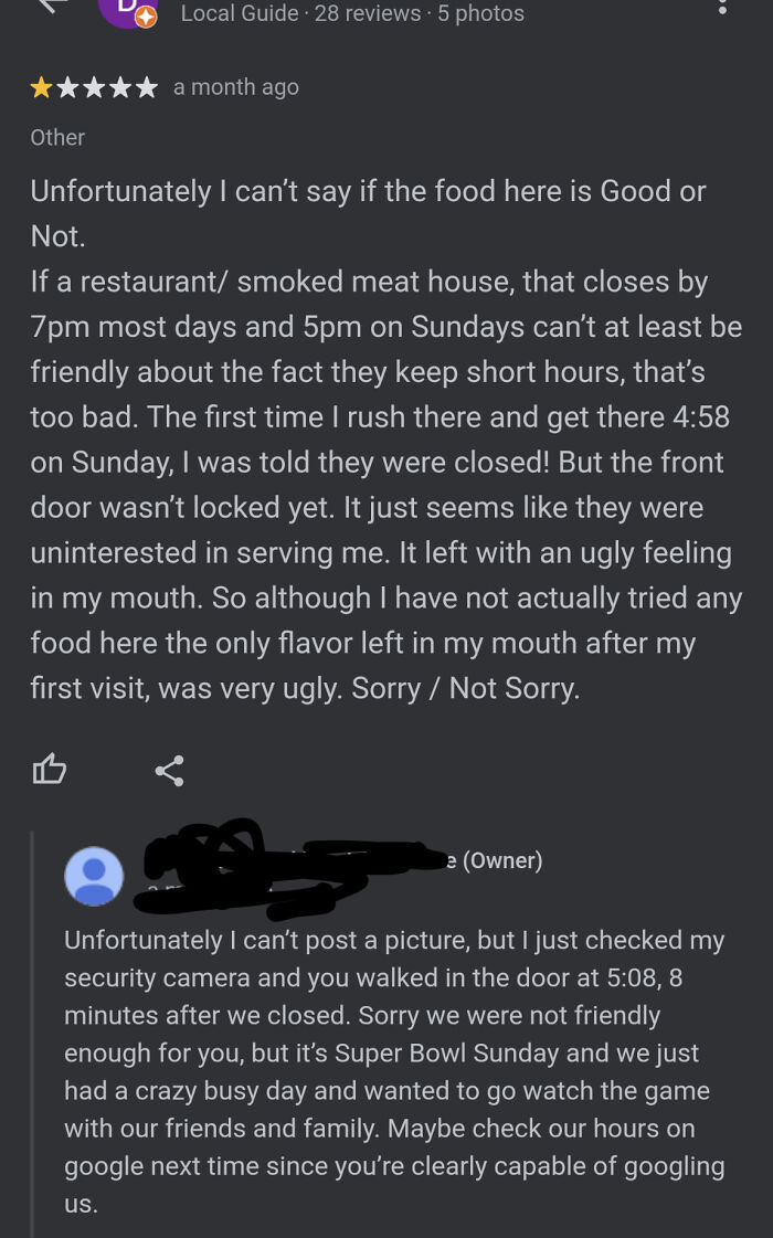 A Google review screenshot where a customer is busted for lying about a restaurant's closing time.