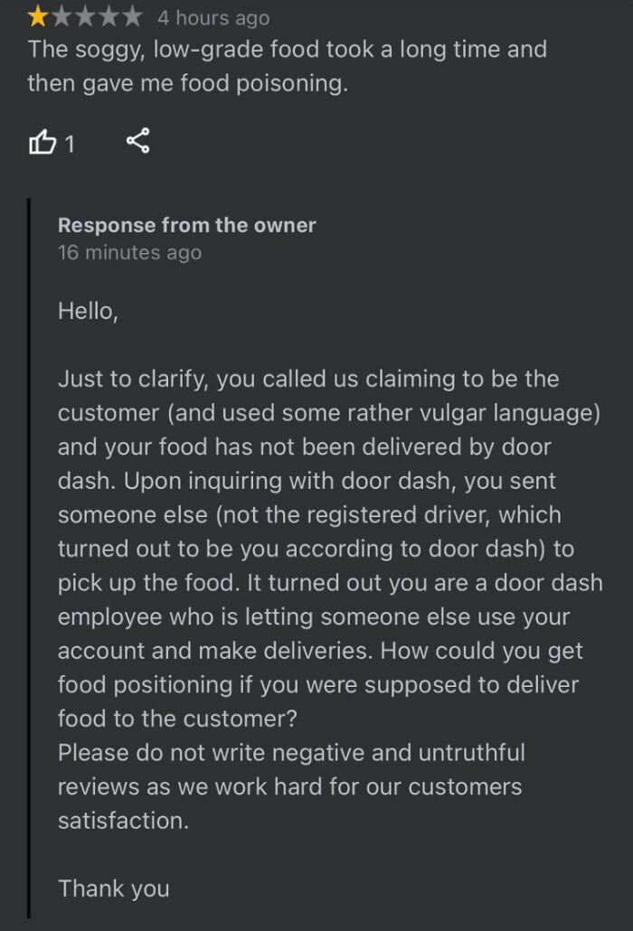 A Google review screenshot showing a customer busted for lying about food poisoning and a DoorDash delivery.