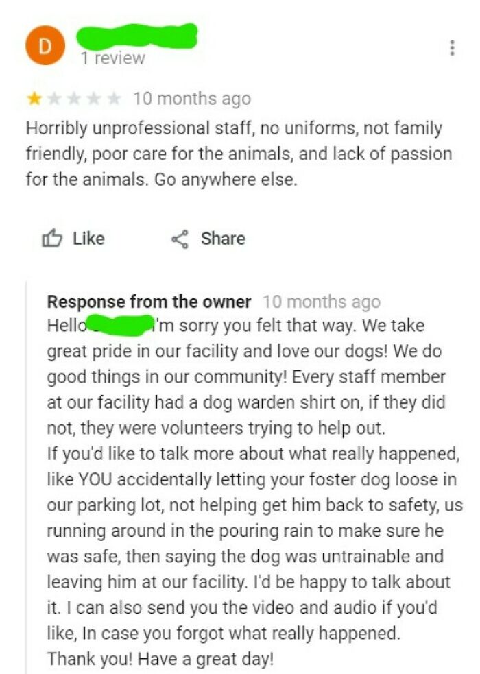 A Google review screenshot where a customer is busted for lying about an animal facility, detailed by the owner.