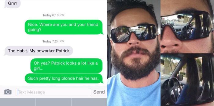 A man busted for lying about his location, reflected in his sunglasses, caught in hilarious screenshots.