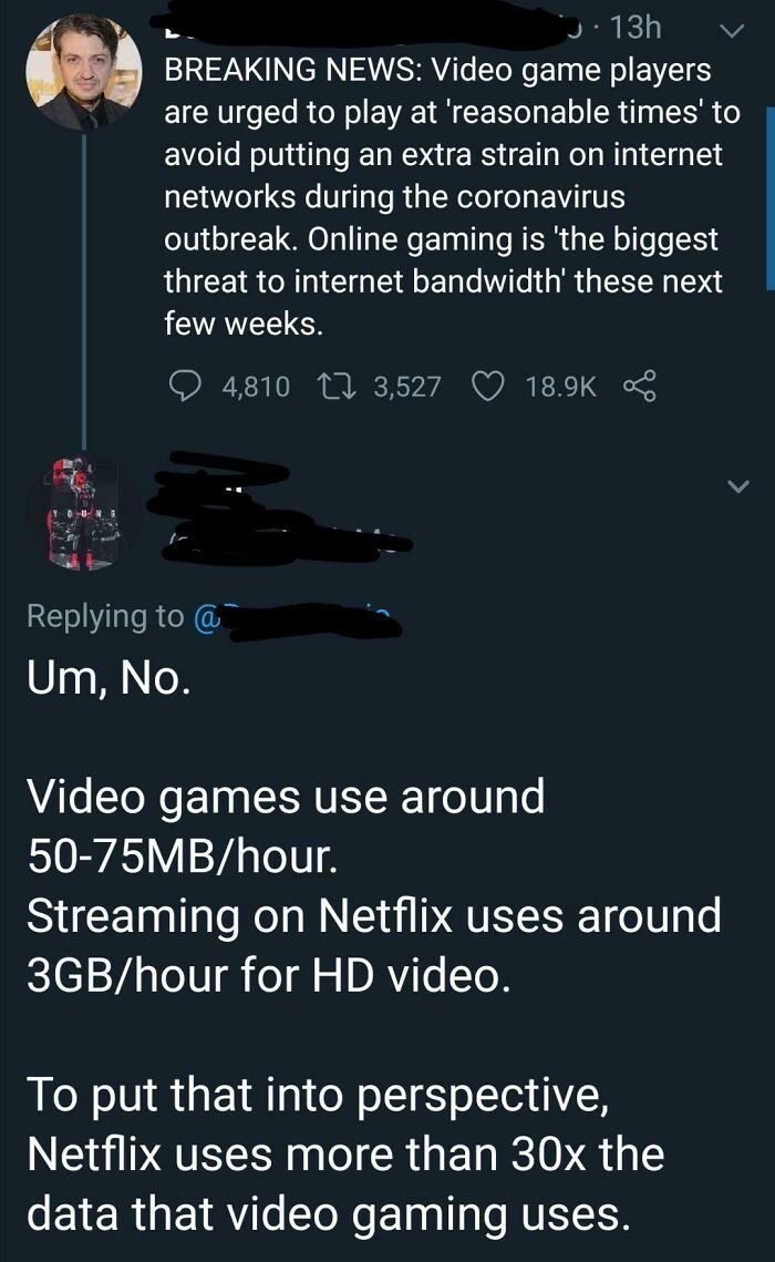 A screenshot of a tweet busting someone for lying about video game bandwidth usage during coronavirus.