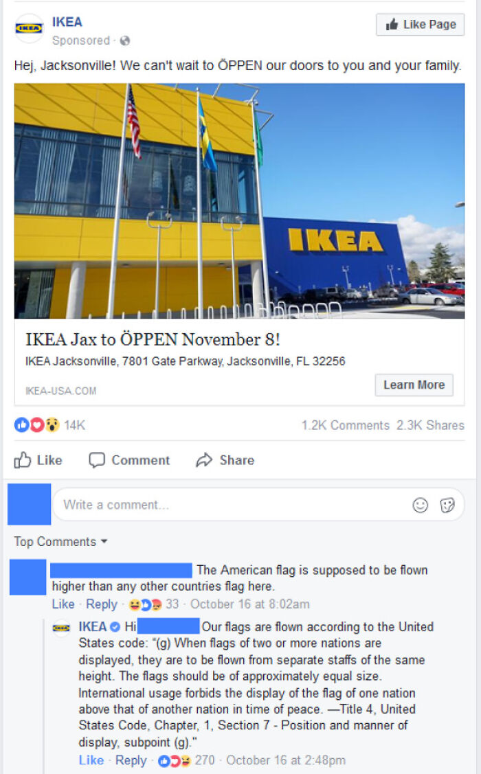 A screenshot showing IKEA Jacksonville being busted for lying about American flag display rules.
