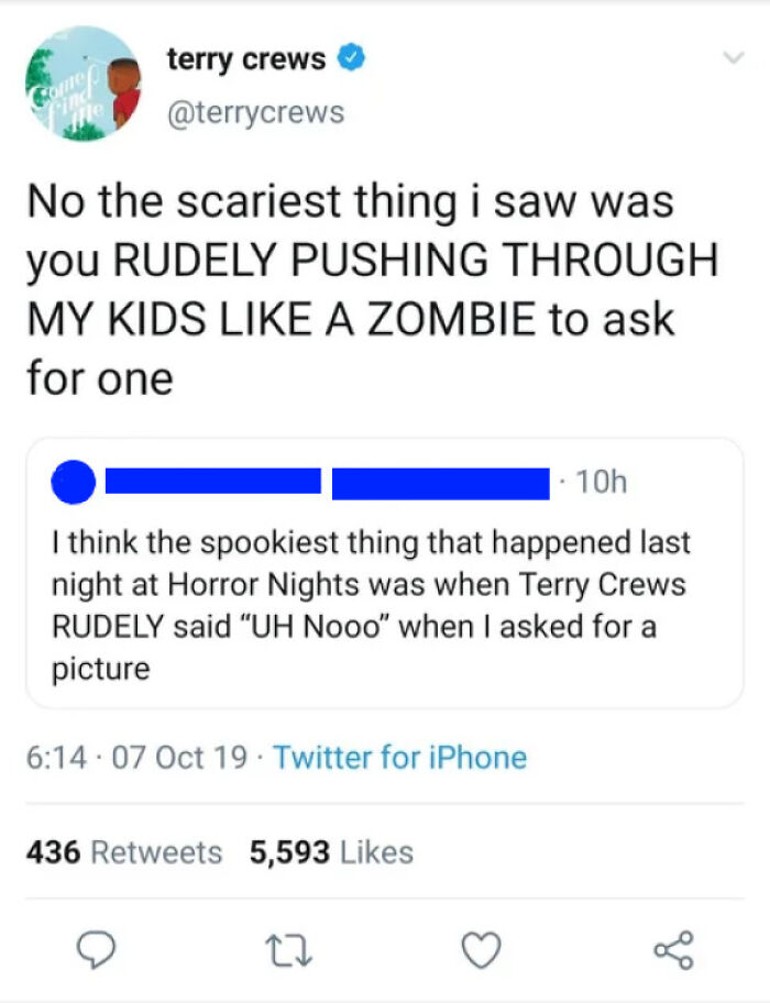 A screenshot of a tweet by Terry Crews busting someone for lying about an interaction at Horror Nights.