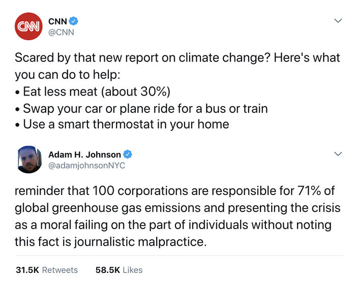 Screenshot of tweets about climate change, where CNN got busted for lying about corporations' responsibility.