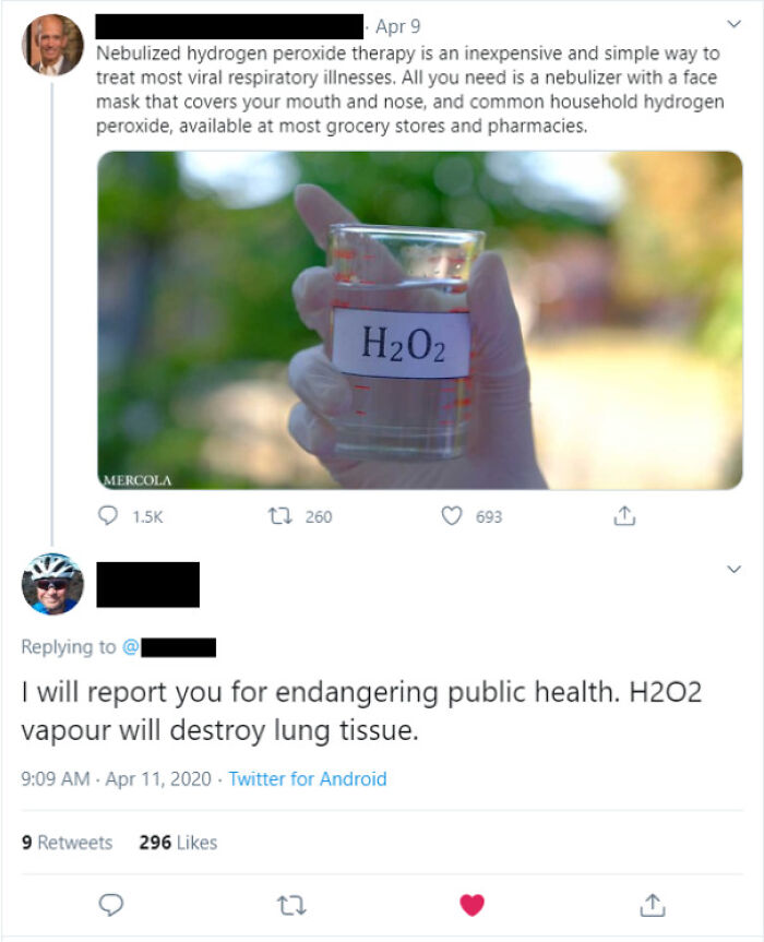 Screenshot of tweets where a user got busted for lying about H2O2 as a treatment for respiratory illnesses.