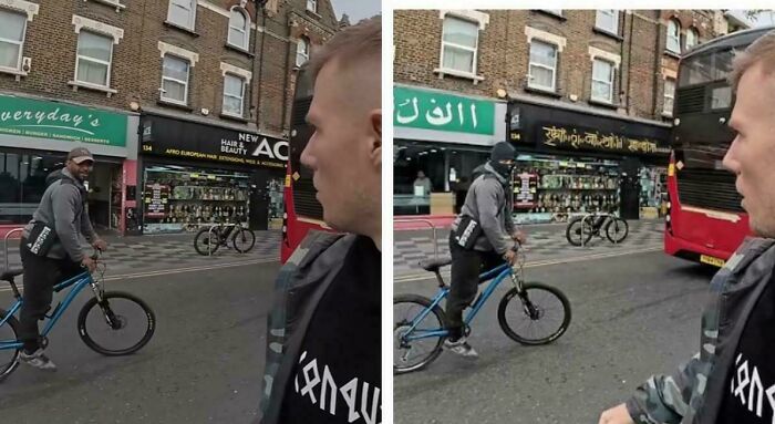 A split image of a man on a bicycle caught for lying with two different outfits in the same location.