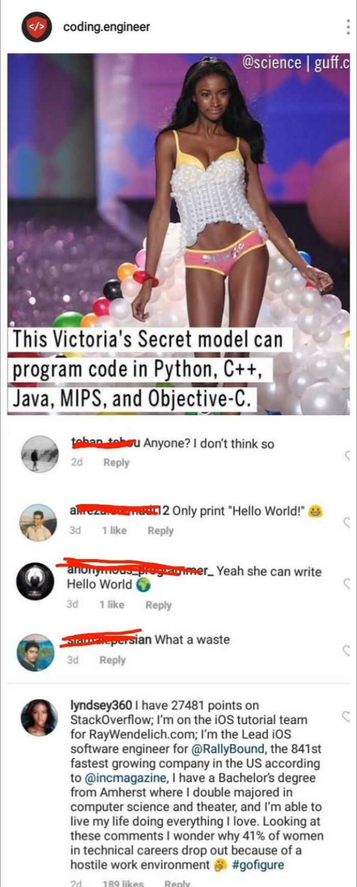 A post about a Victoria's Secret model coding, with a comment from a software engineer, a funny screenshot of someone busted for lying.