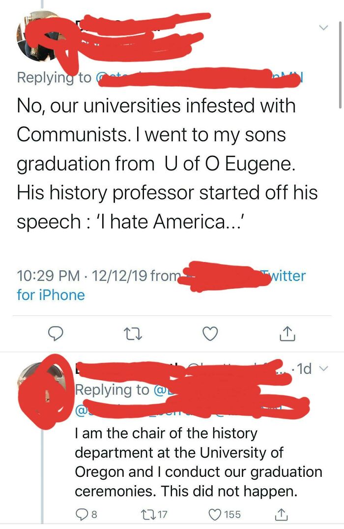 A tweet about a history professor hating America debunked by the actual history department chair, a funny screenshot.