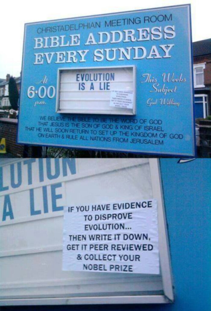A sign claiming evolution is a lie, a funny screenshot highlighting someone getting busted for lying.