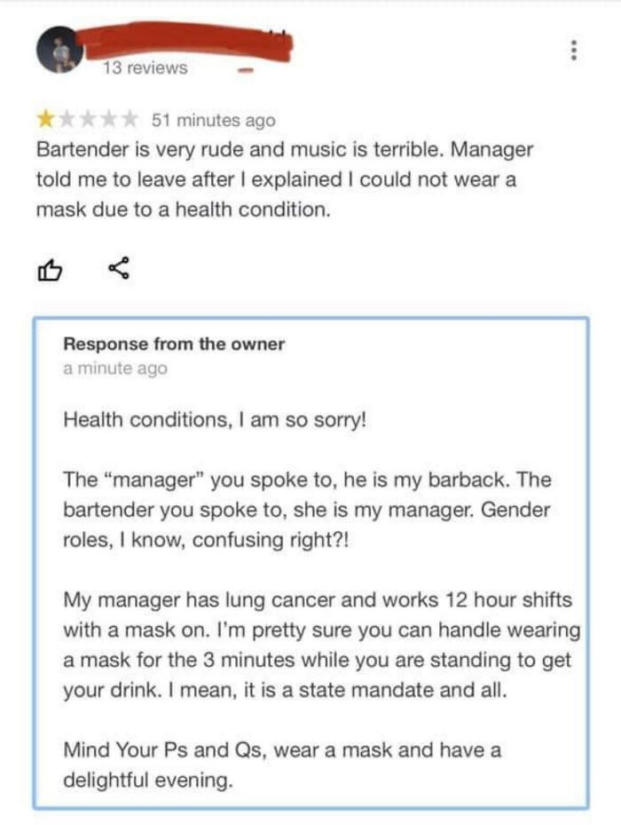 A restaurant review where the owner busts a customer for lying about a health condition, a funny screenshot.
