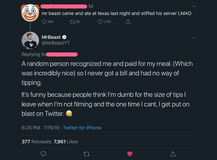 A screenshot of a tweet from MrBeast denying a claim that he stiffed a server, busting the person for lying.