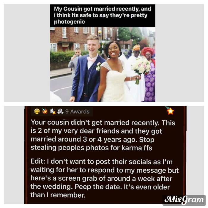 A user posts a photo of a couple getting married, claiming they are cousins. Another user busted them for lying.