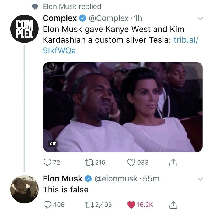 A screenshot of Elon Musk denying a Complex tweet about giving Kanye and Kim a Tesla, showing people got busted for lying.