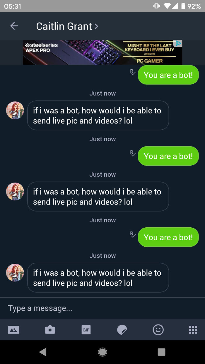 A screenshot of a messaging app where someone got busted for lying, accused of being a bot.