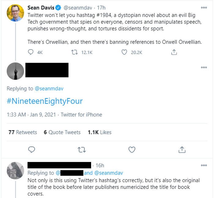 A screenshot of a Twitter conversation where someone got busted for lying about #1984 on Twitter.