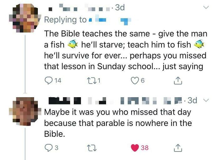 A screenshot of a Twitter conversation where someone got busted for lying about a Bible parable.