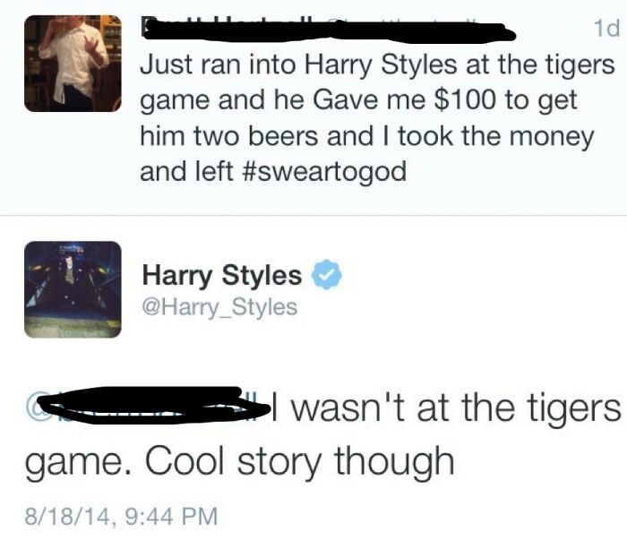 A screenshot of a Twitter conversation where someone got busted for lying about meeting Harry Styles.