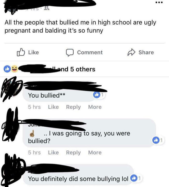 A screenshot of a person busted for lying about being bullied in high school, with friends confirming they were a bully.